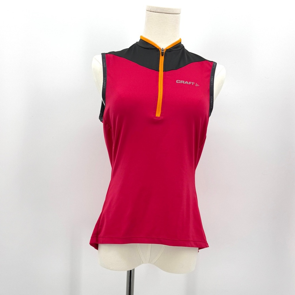 Craft Women's cycling Tank Top in Magenta with gery Yoke and Orange Zip